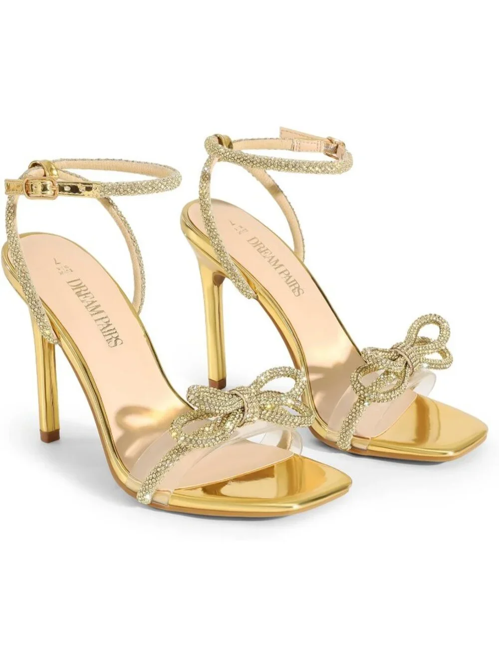 Women's Gold Rhinestone Double Bowknots Crystal Clear Slingback Square Toe Heels